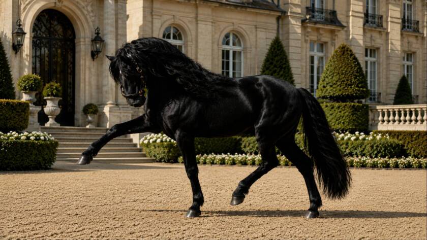Caballo PRE negro realizando un elegante paso, mostrando su porte, musculatura y abundante crin.