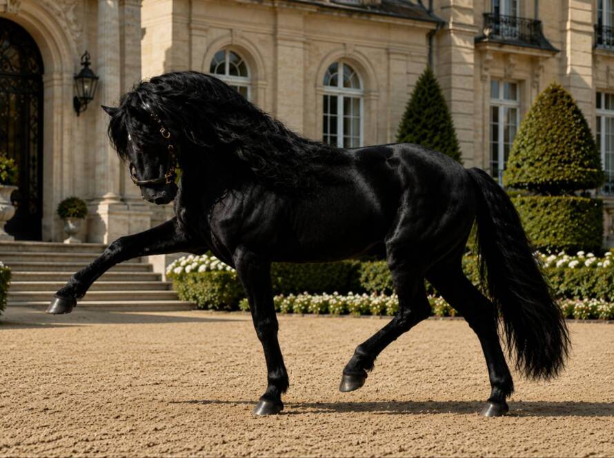 Caballo PRE negro realizando un elegante paso, mostrando su porte, musculatura y abundante crin.