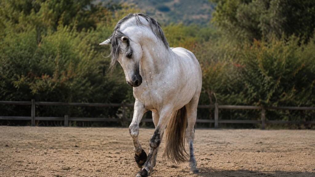 Características del caballo PRE: ejemplar tordo caminando con elegancia, cuello arqueado y expresión serena en una pista ecuestre.