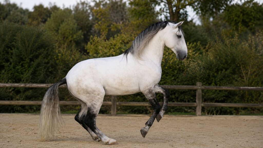 Características del caballo PRE: ejemplar tordo elevando las manos con fuerza y elegancia durante un movimiento en libertad.
