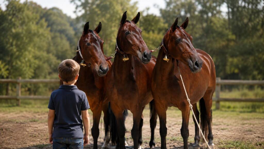 Características del caballo PRE: tres ejemplares de capa castaña junto a un niño, reflejando el carácter noble y sociable de la raza.
