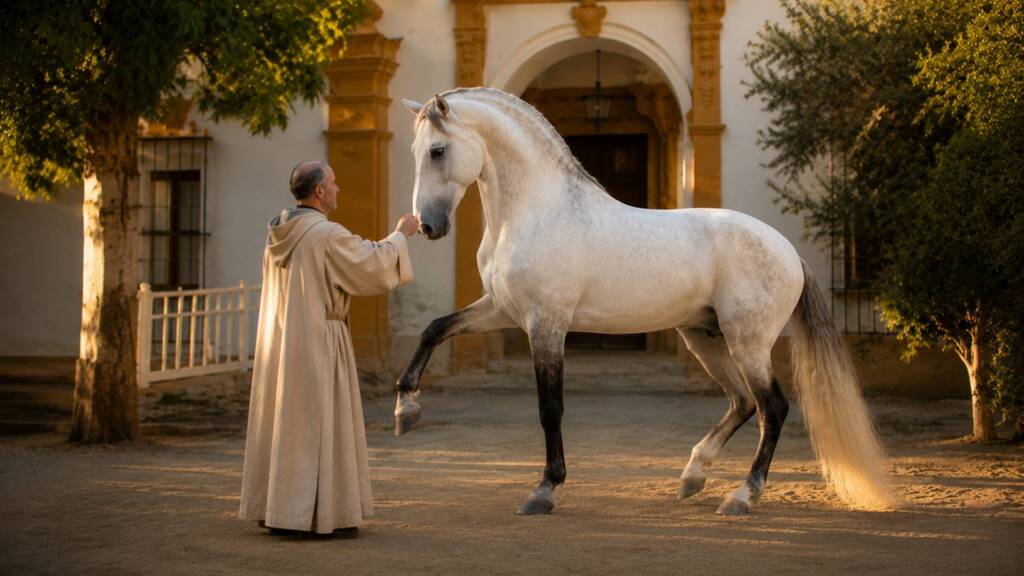 Monje cartujano junto a un caballo PRE relacionado con la conservación histórica de la raza española