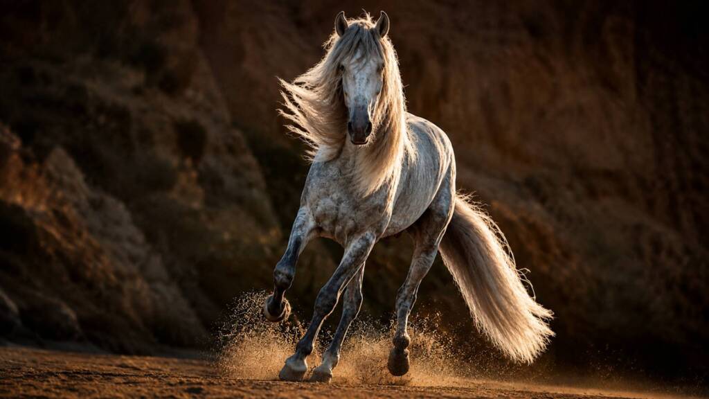 Caballo Cartujano galopando sobre arena al atardecer con la melena al viento.