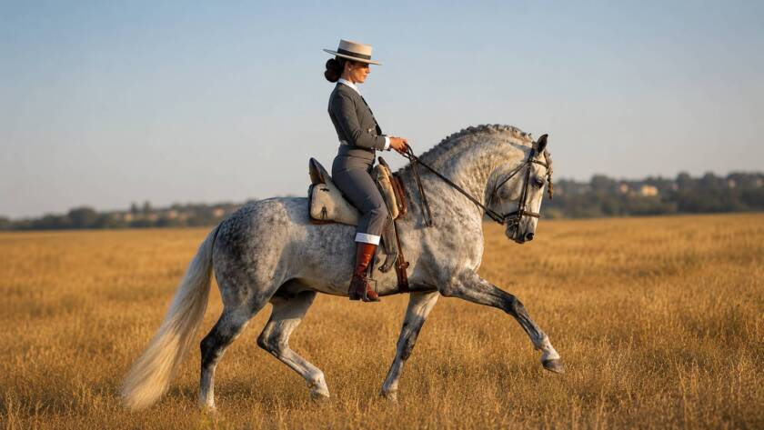 Caballo Cartujano tordo realizando un elegante paso montado por una mujer en el campo.