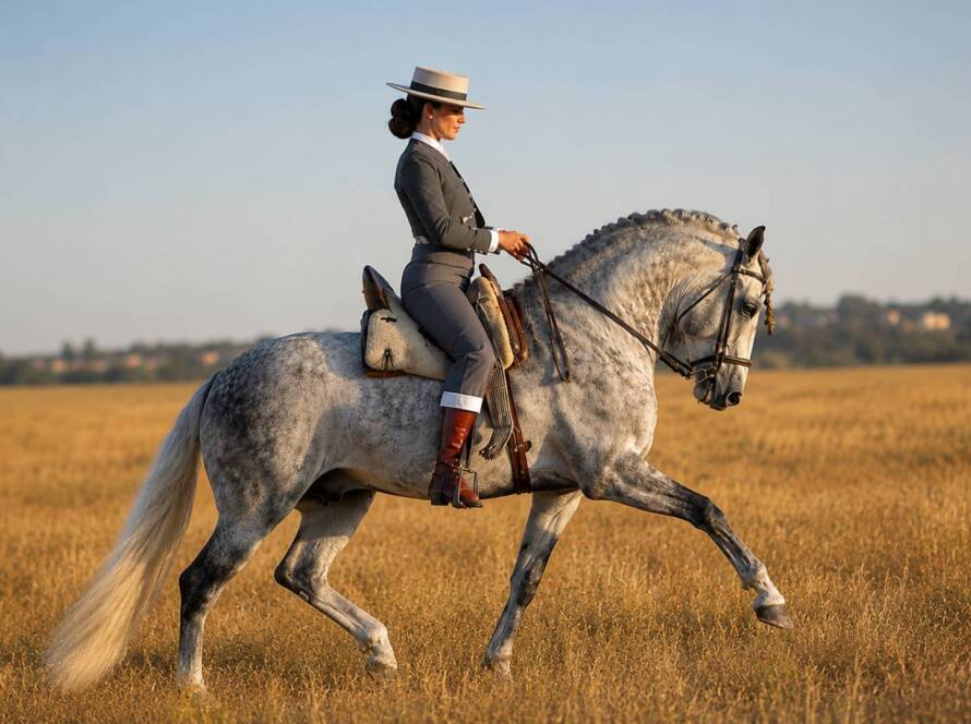 Caballo Cartujano tordo realizando un elegante paso montado por una mujer en el campo.