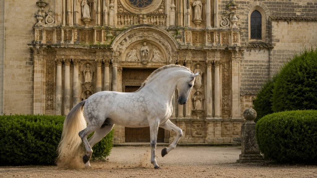 Semental Cartujano tordo realizando un elegante paso frente a la Cartuja de Jerez.