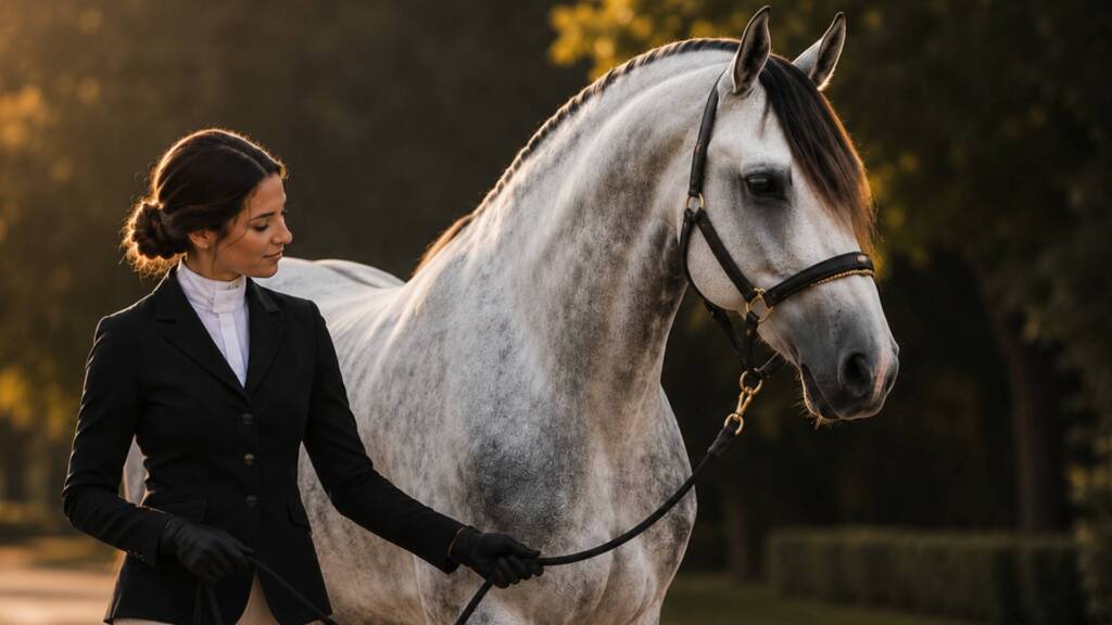 Amazona guiando un caballo PRE tordo de Pura Raza Española.