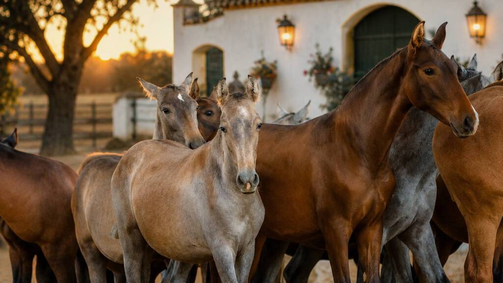 Potros y caballos PRE en una yeguada de Pura Raza Española.