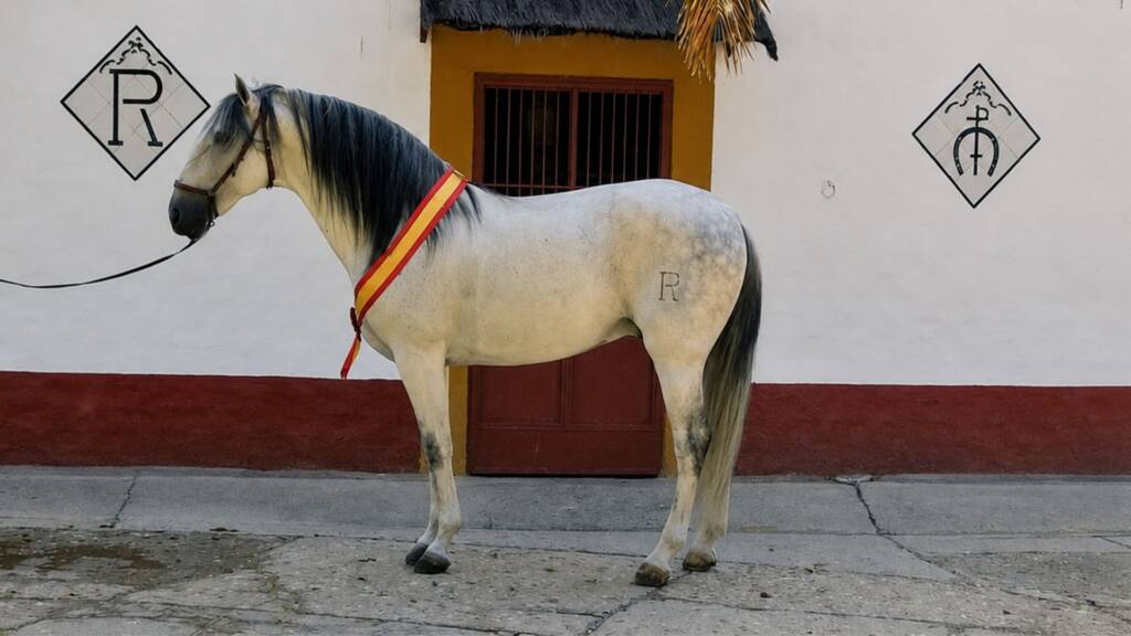 Caballo PRE de Familia Peralta con medalla y banda de España ante las instalaciones de la Yeguada