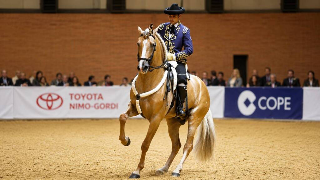 Quedado AP, caballo PRE de Familia Peralta, durante una exhibición de doma clásica