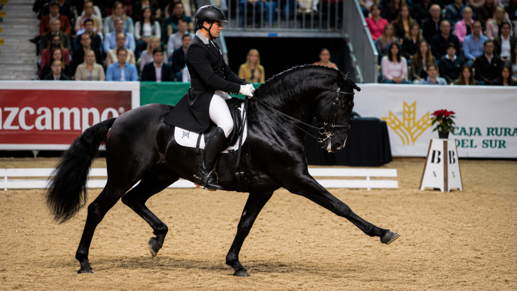 Quinto AP, caballo PRE de Familia Peralta, durante una prueba de doma clásica