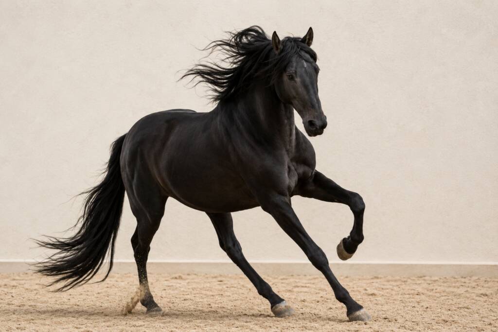 Caballo PRE negro en movimiento sobre arena clara