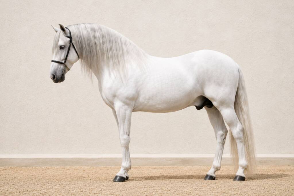 Caballo PRE cartujano tordo con cabezada negra en perfil