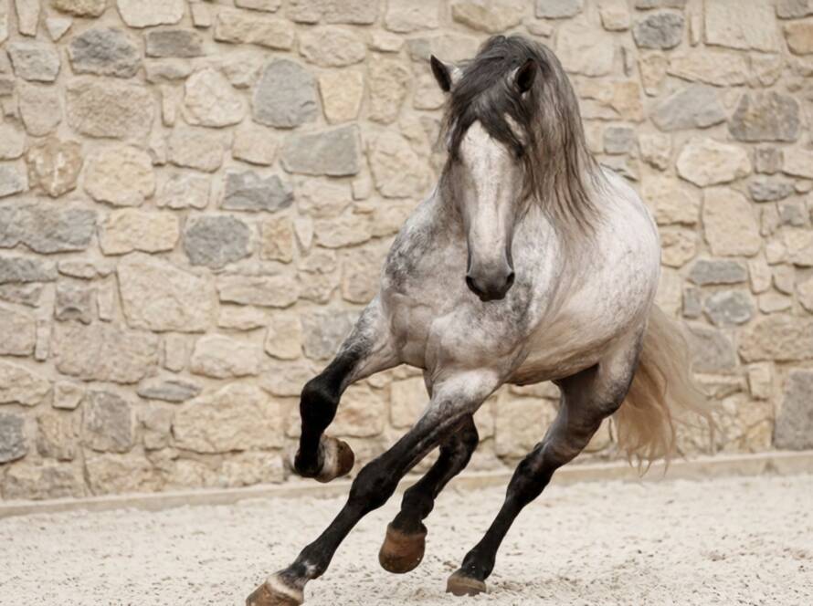 Caballo PRE tordo en movimiento, ejemplo de líneas de sangre caballo PRE