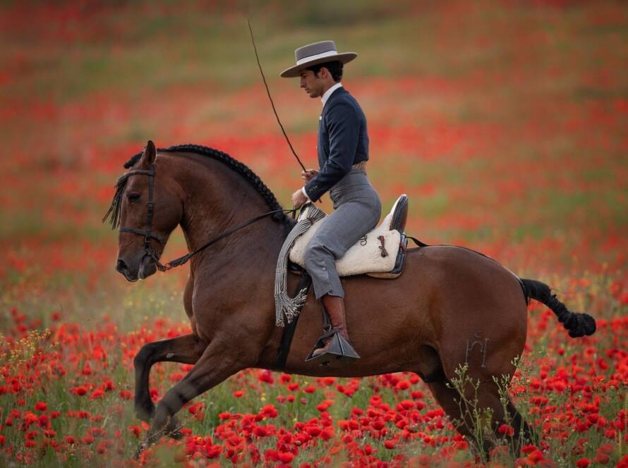Caballo Cartujano montado por un jinete en un campo de amapolas